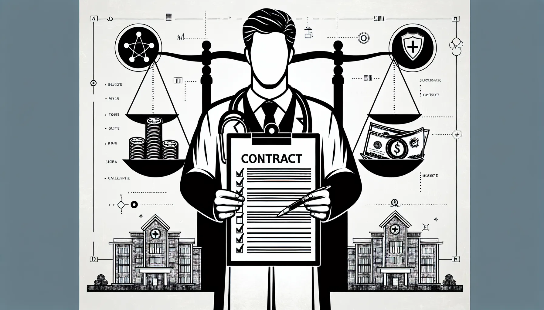 Physician holding a contract with checklist, scale, calendar, chain, and shield icons.