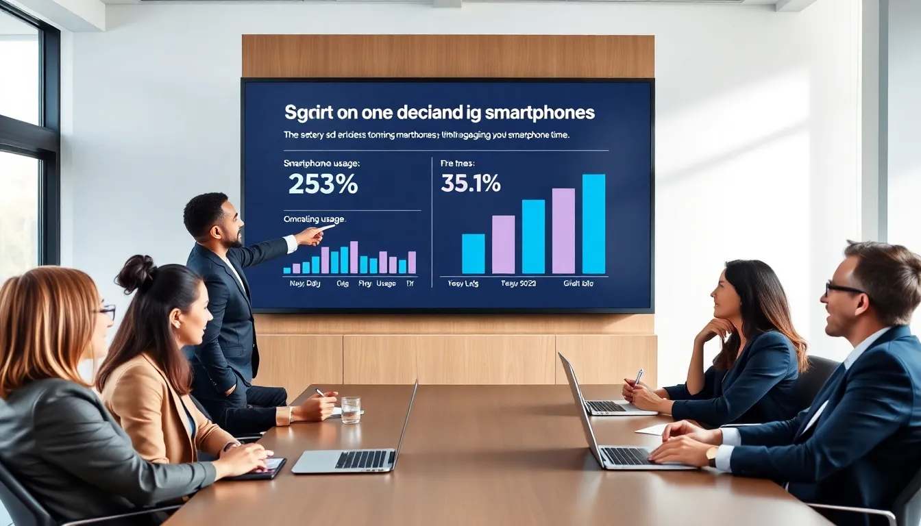 diverse team discussing smartphone usage in a modern office.