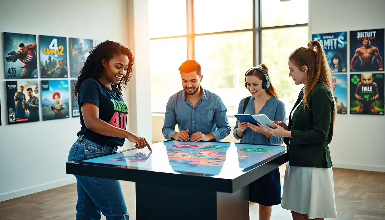 a diverse team collaborating in a modern gaming office
