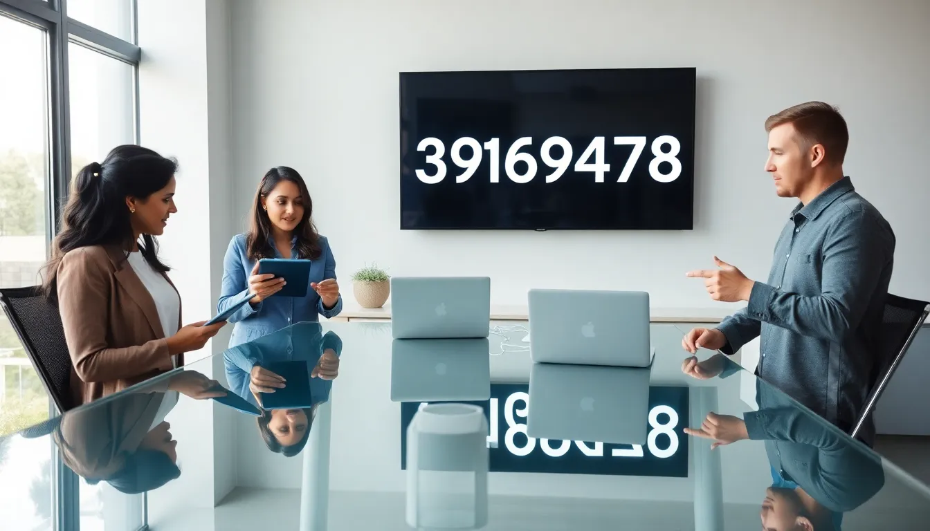 diverse professionals discussing the significance of a number in a modern office.