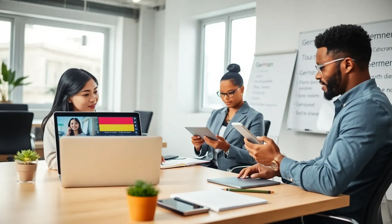 professionals engaged in online German language learning in a modern office.