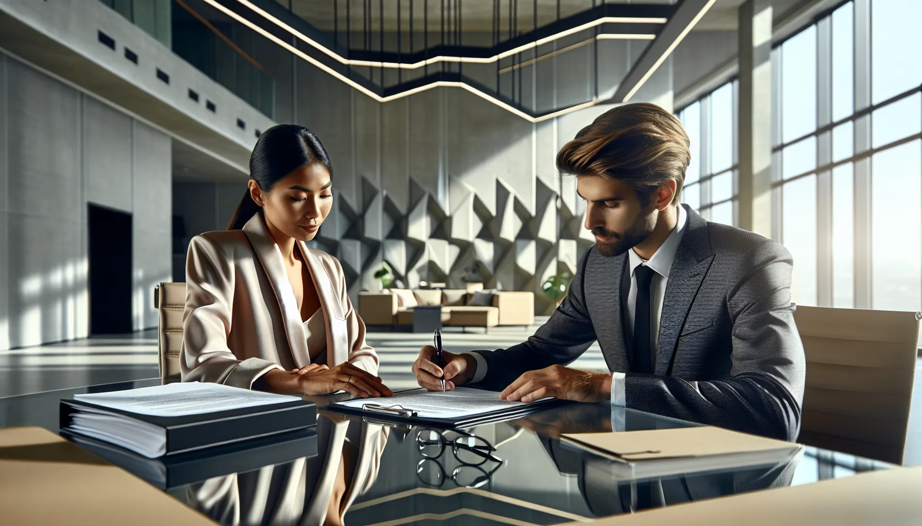Two professionals signing rental agreement documents in modern office