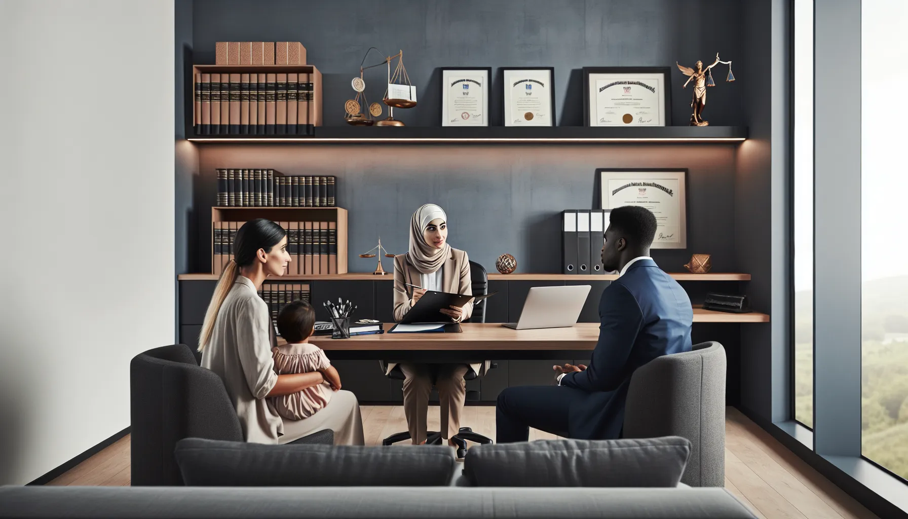 Family lawyer consulting with parents about child custody documents in modern office