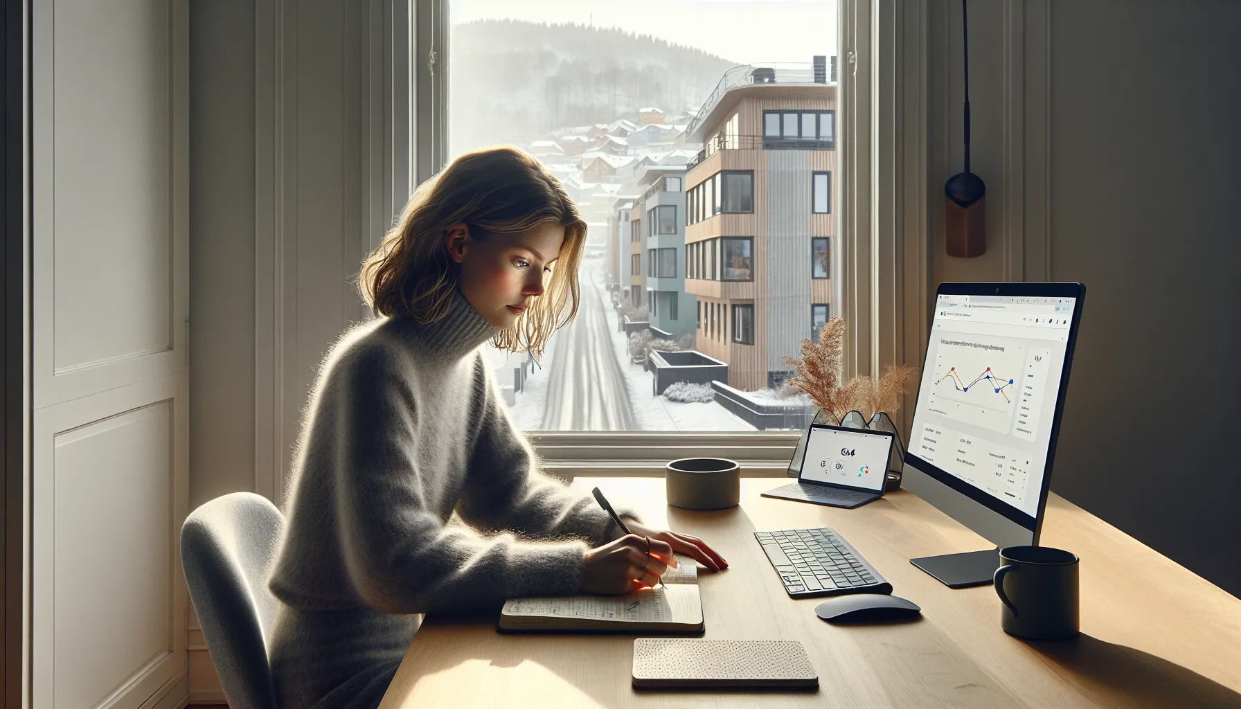 Norwegian learner studying official seo platforms on multiple screens at home.