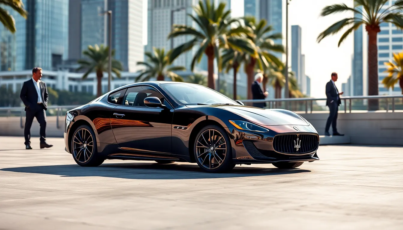 Maserati Gran Turismo in a modern urban setting with professionals.