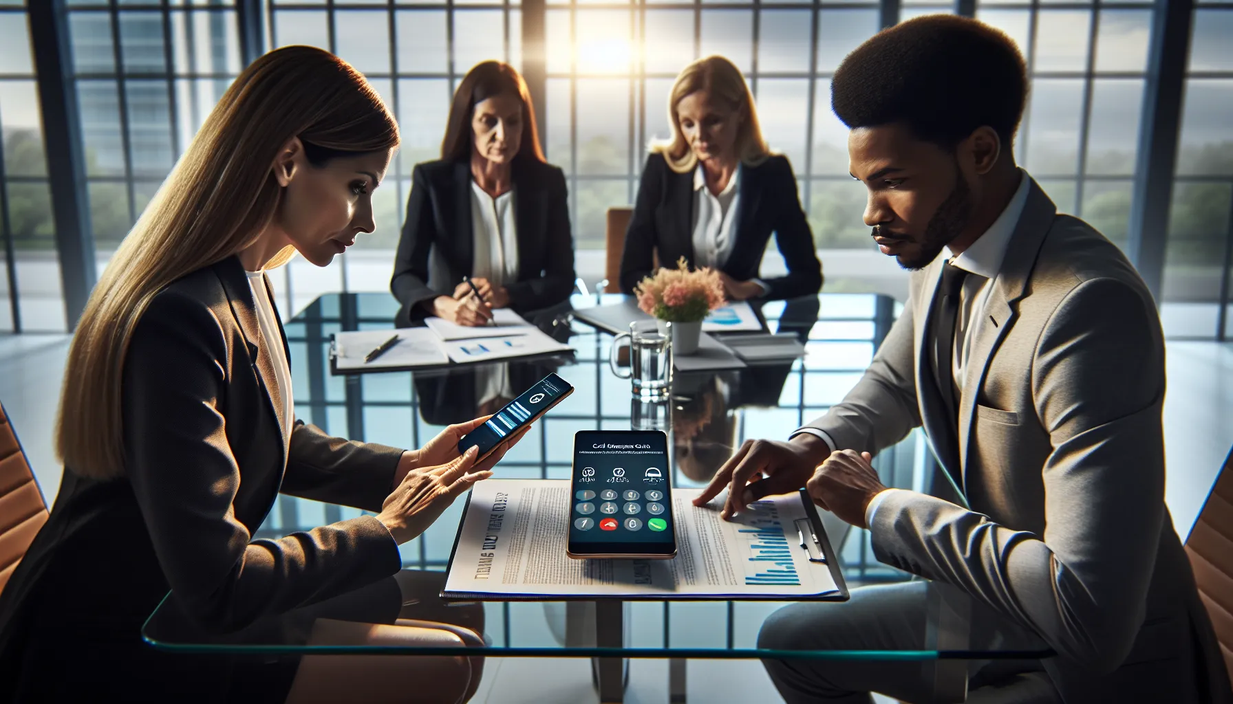professionals discussing call management in a modern office setting.