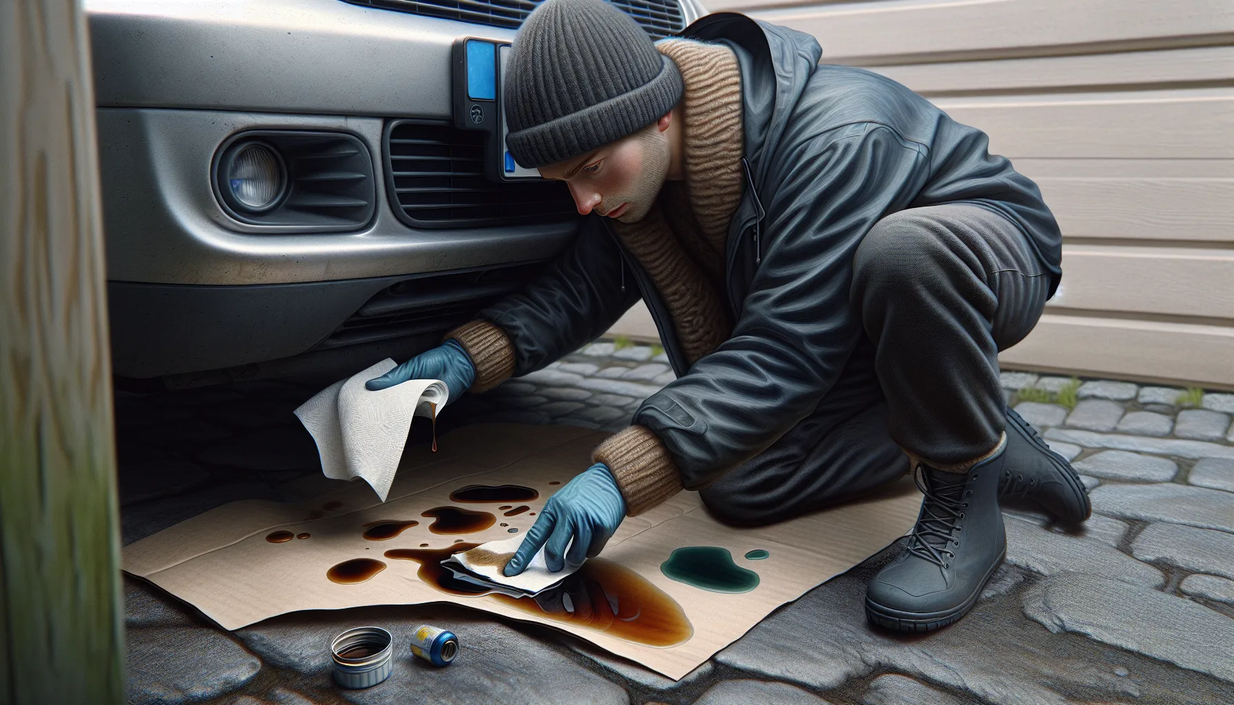 Hvordan oppdage og fikse små lekkasjer i bilen 1 Gloved driver inspects colored fluid puddles on cardboard under car.