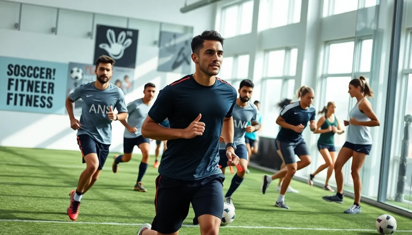 diverse soccer players training in a modern facility.