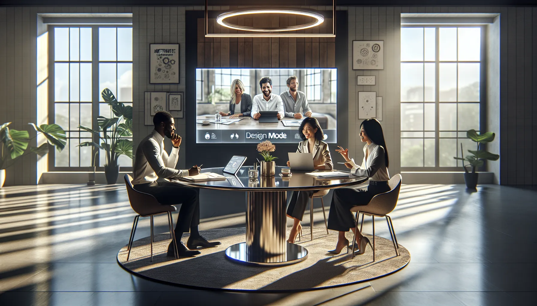 diverse team collaborating during a video conference in a modern office.