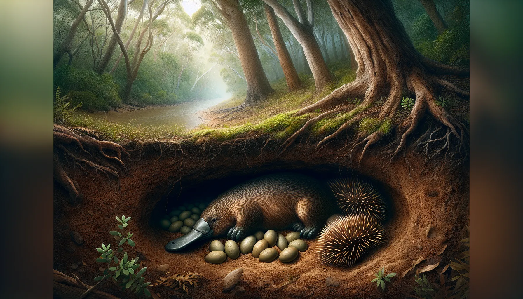 A platypus and an echidna in a woodland setting with reproductive elements visible.