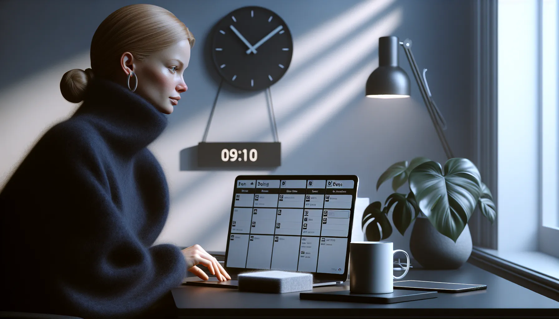 Norwegian professional organizing tasks on a kanban board with timeline and to-do list.
