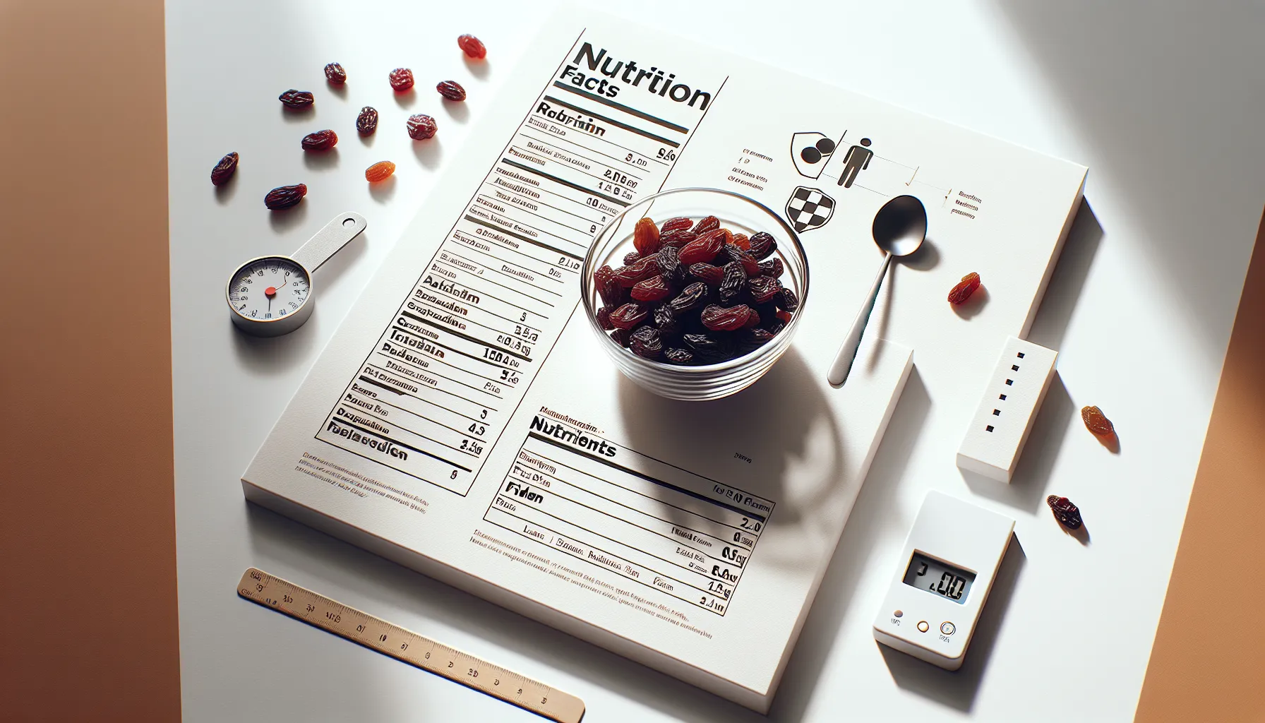 A bowl of raisins next to a nutrition facts chart.