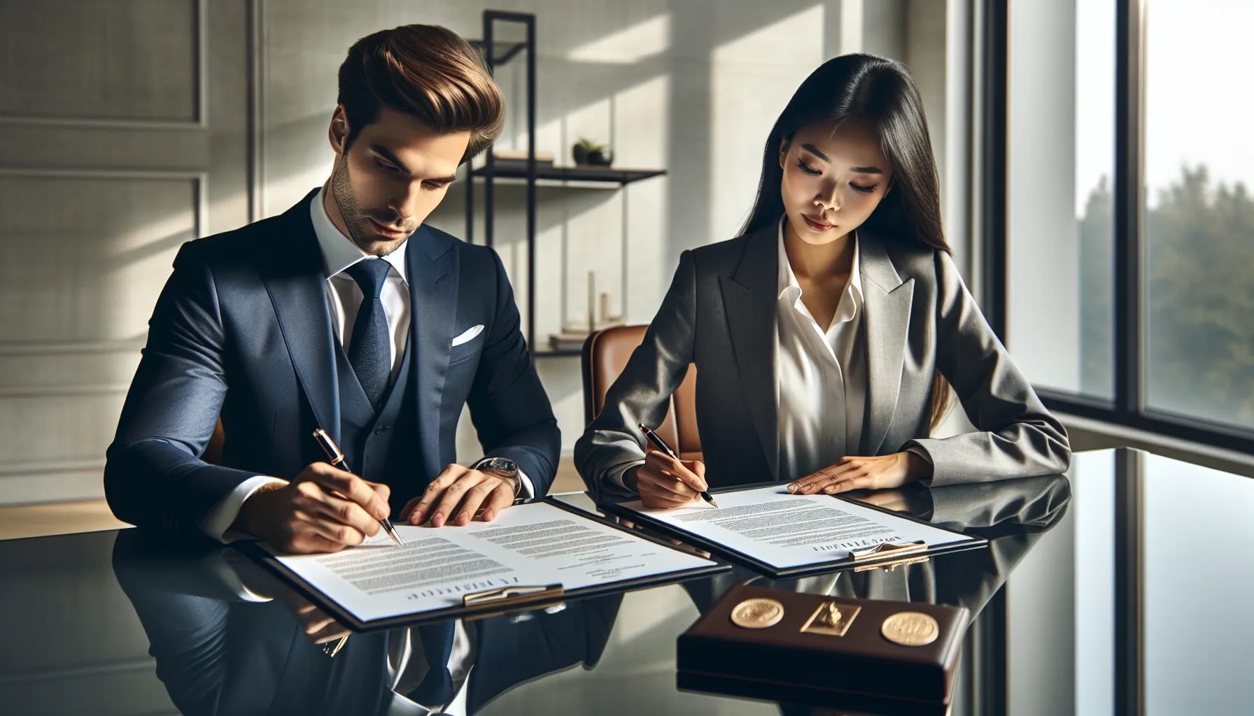 Two Croatian business professionals reviewing contract amendment documents at modern office table