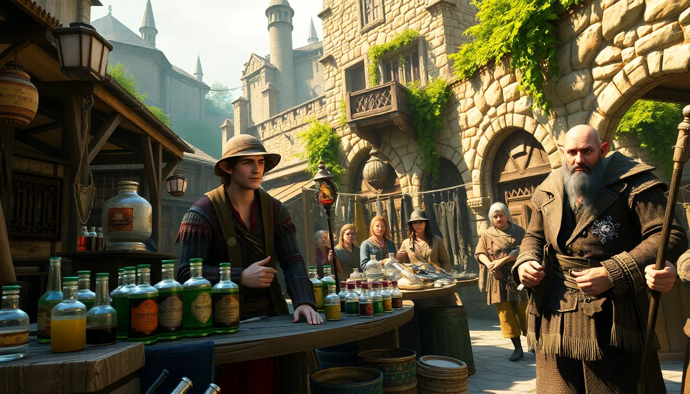 vibrant marketplace in Oblivion featuring diverse merchants and their goods.