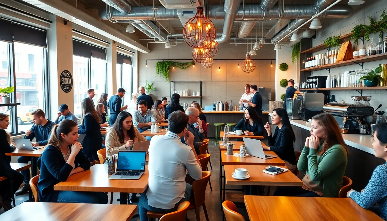 diverse professionals enjoying coffee in a modern NYC café.