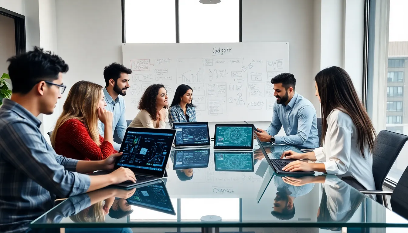 diverse team brainstorming in a modern office setting.