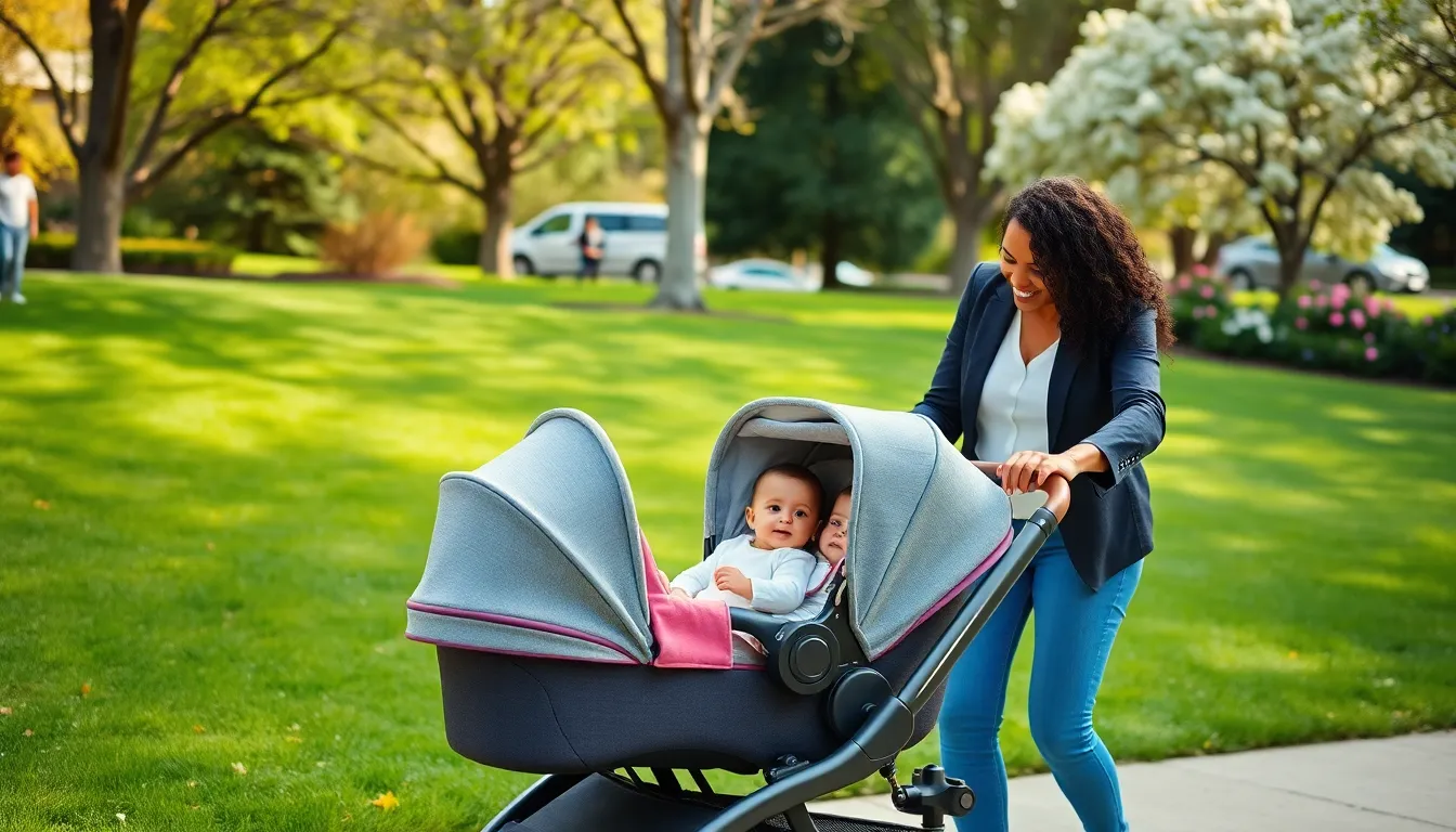 a family with a twin stroller in a sunny park.