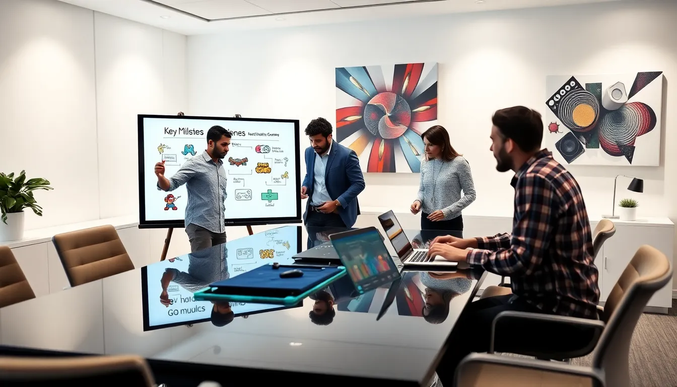 diverse team discussing gaming milestones in a modern office.