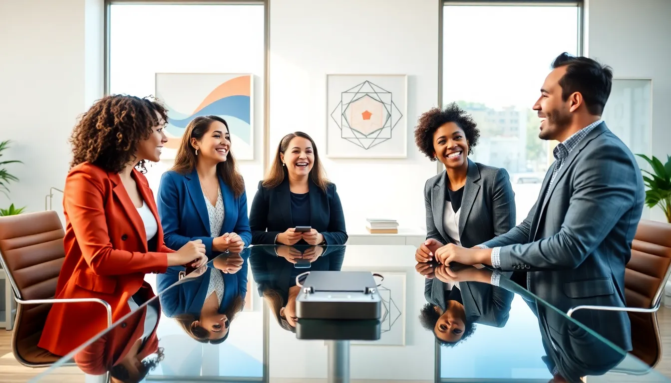 diverse professionals express surprise in a bright office setting.