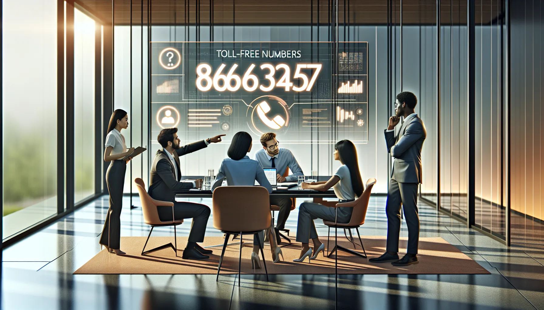 diverse team discussing toll-free number usage in a modern office.
