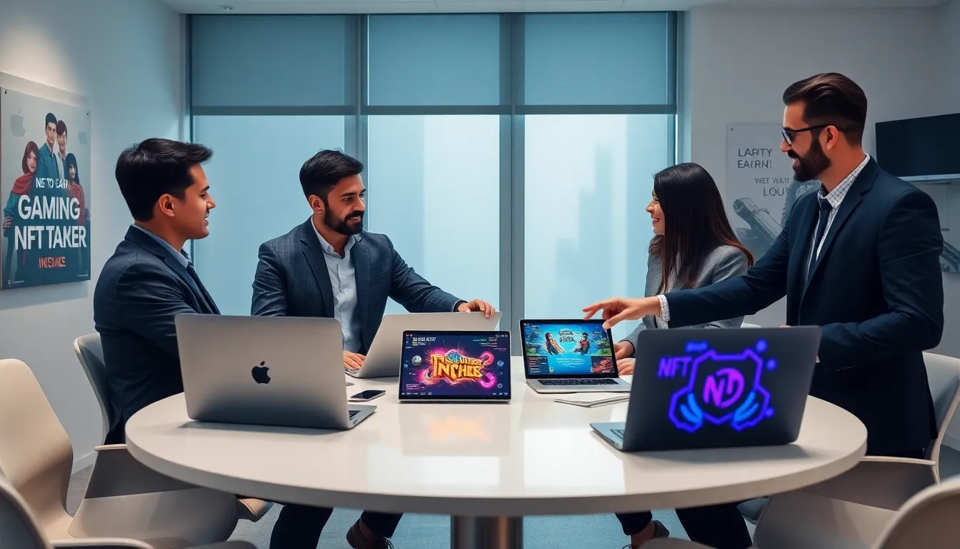 diverse team discussing play-to-earn game development in a modern office.