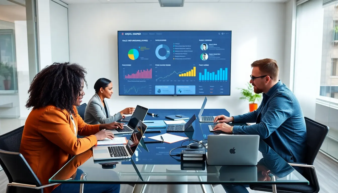 diverse team discussing digital brand management in a modern office.