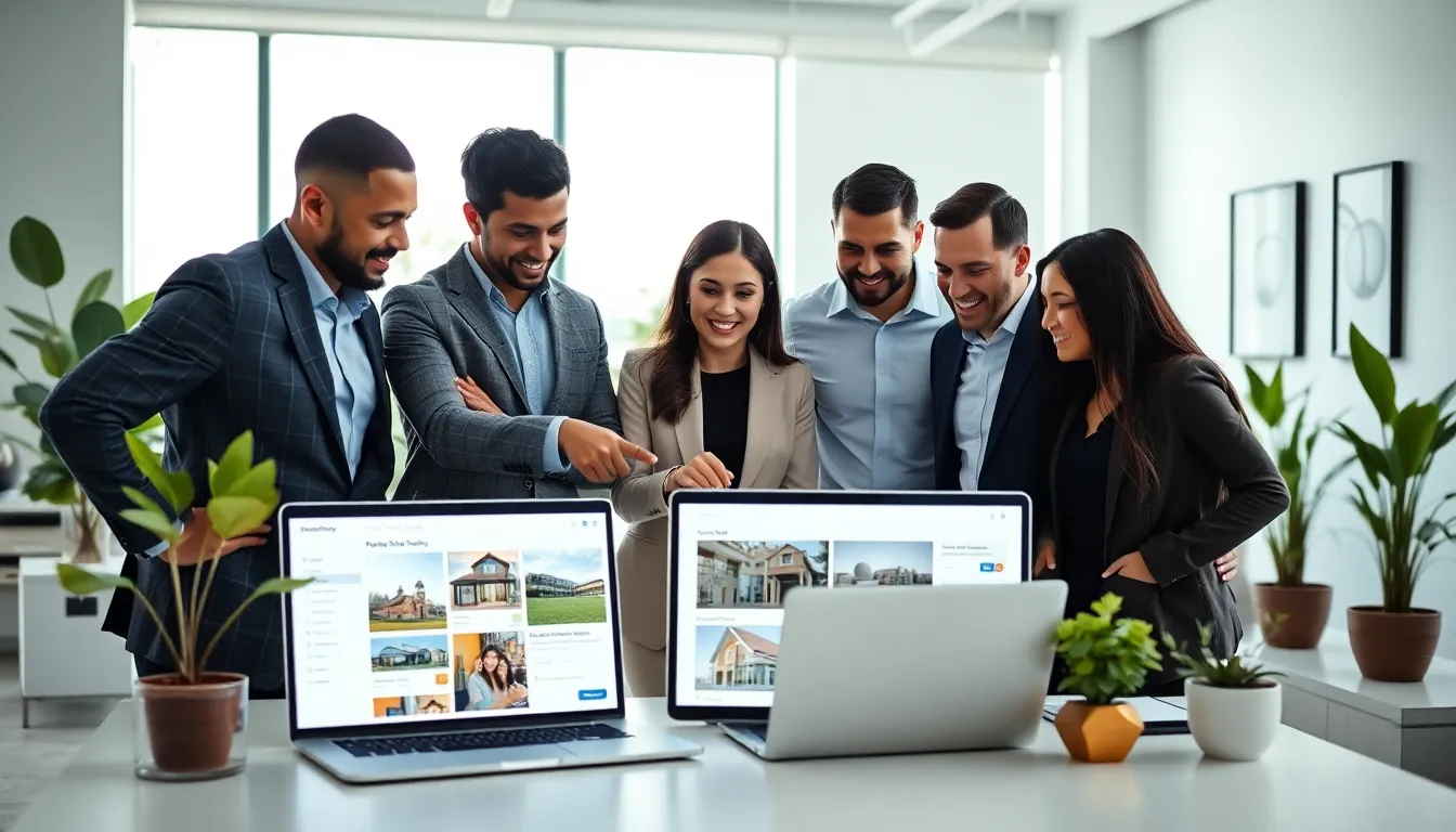 team collaborating in a modern office on real estate listings.