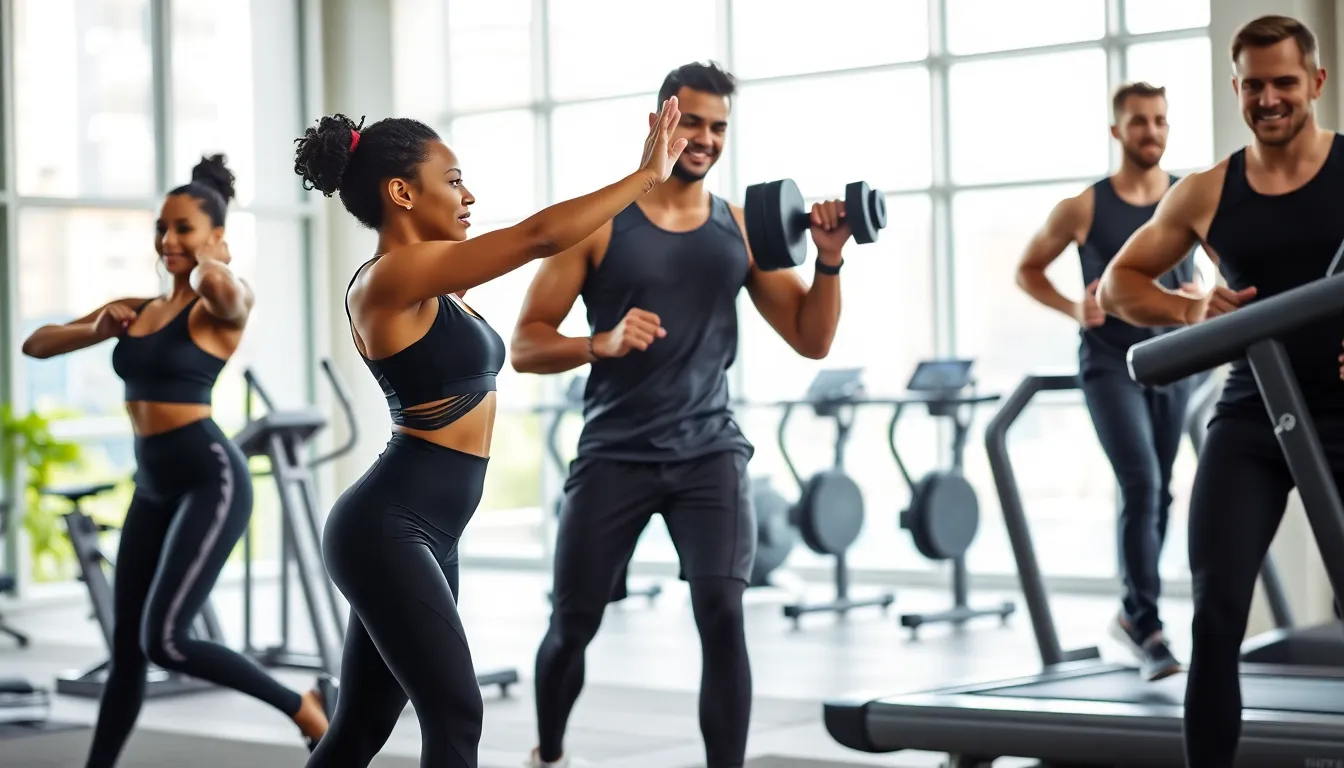 diverse group demonstrating various fitness activities in modern gym.
