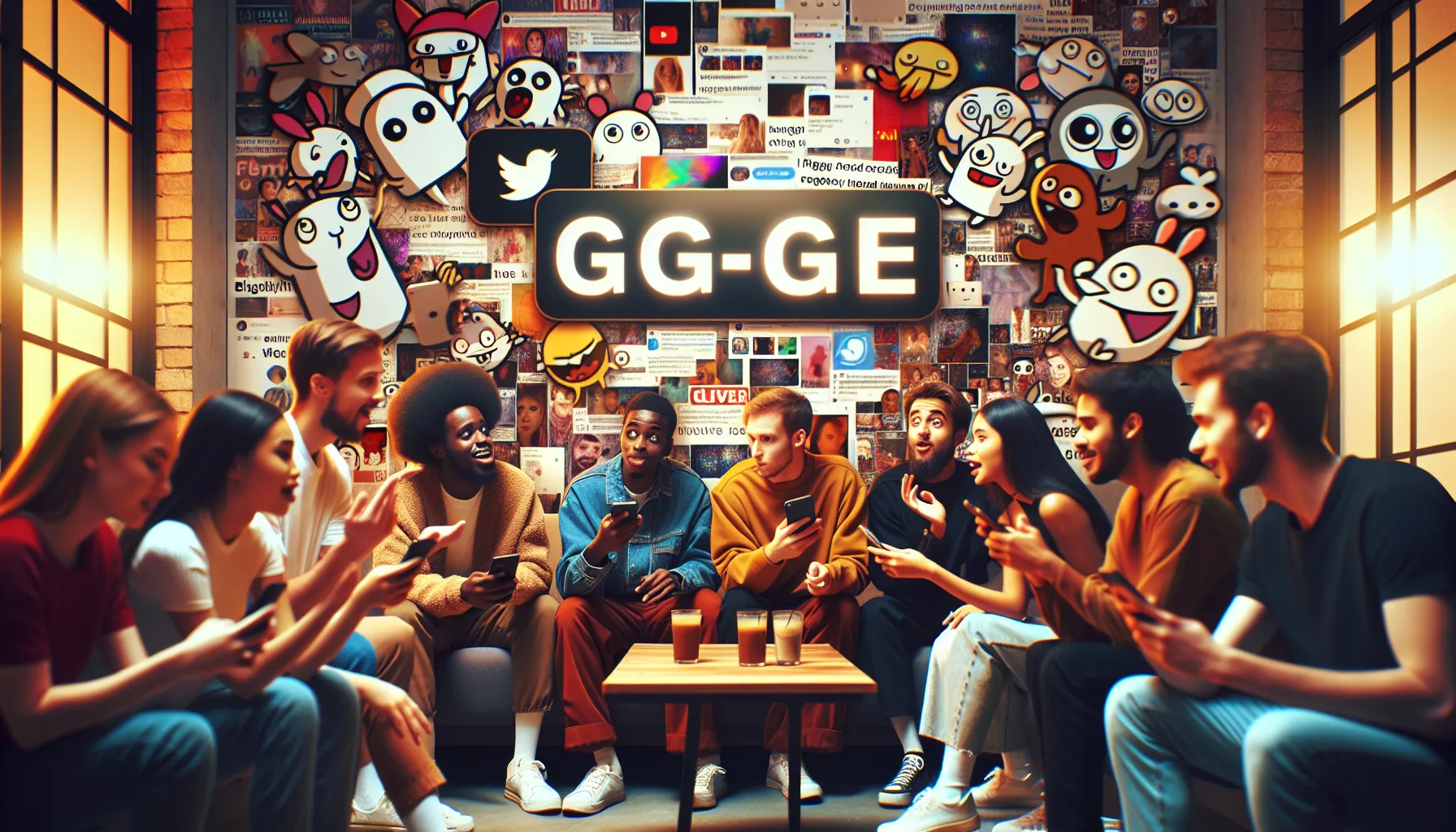 diverse group discussing internet culture in a modern cafe setting.