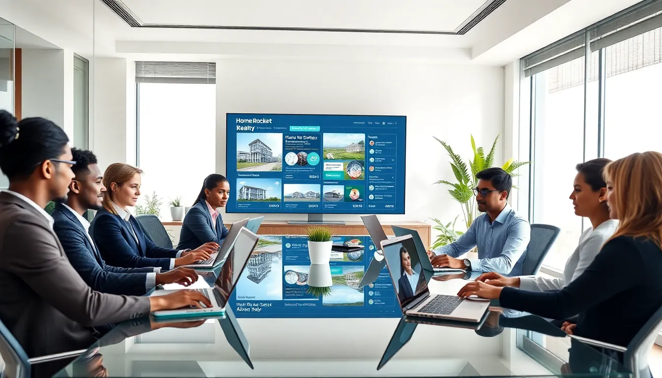 diverse team collaborating in a modern real estate office setting.