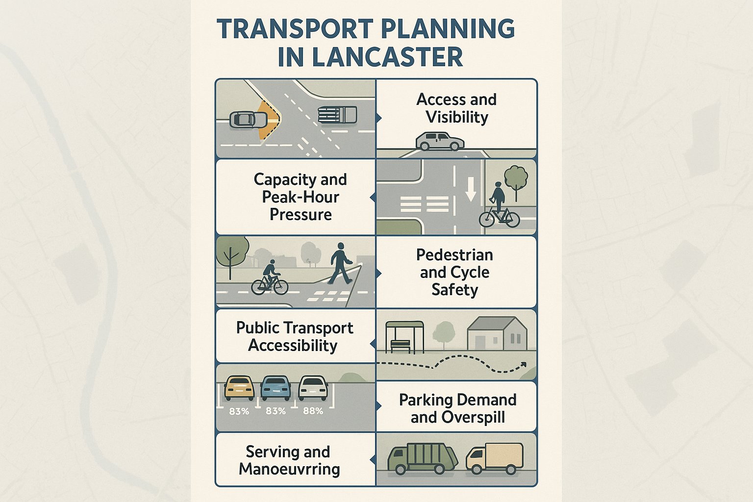 Infographic showing six common transport planning issues for Lancaster development sites.
