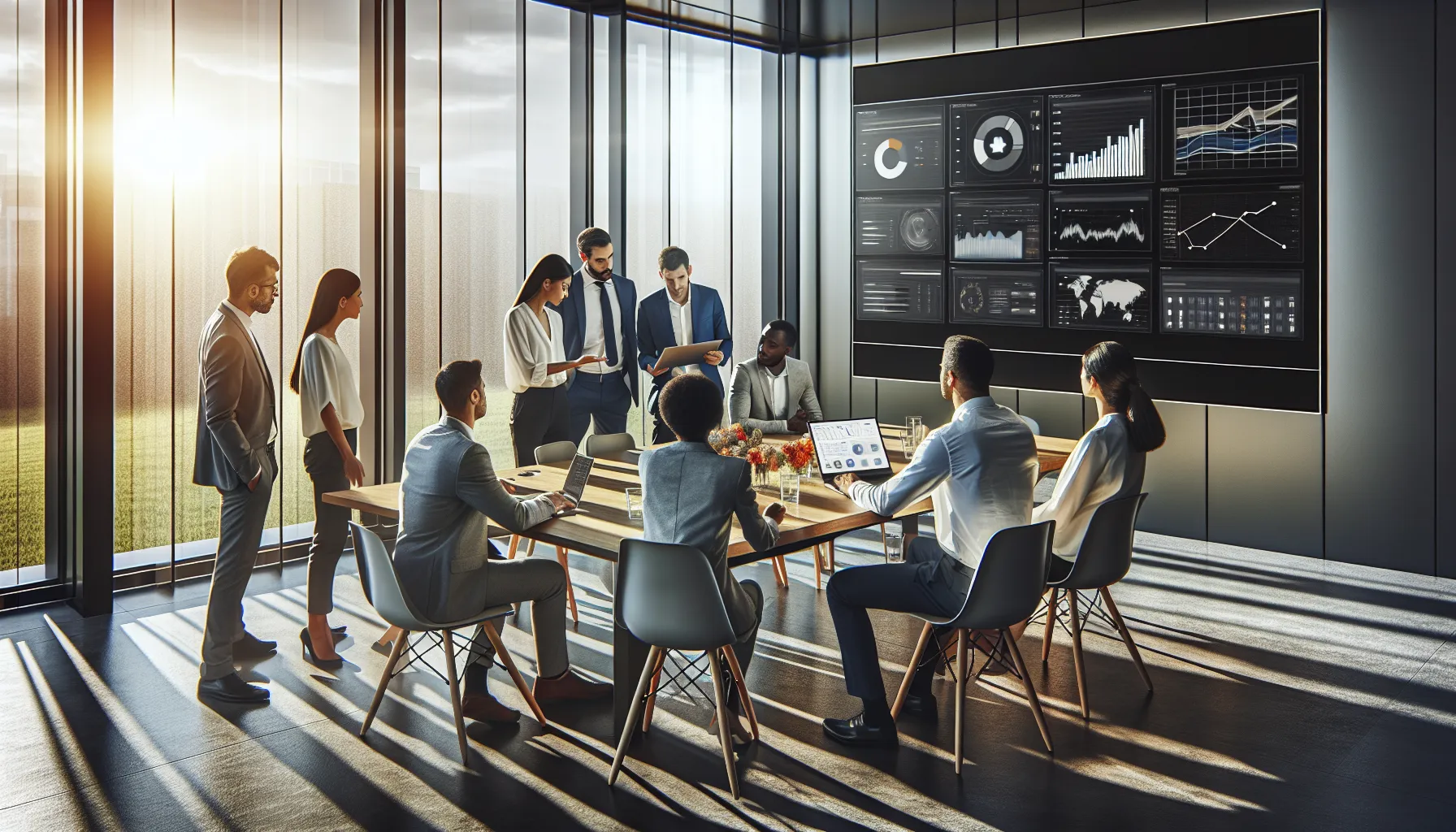 diverse team collaborating in a modern office, showcasing Immorpos35.3 software.