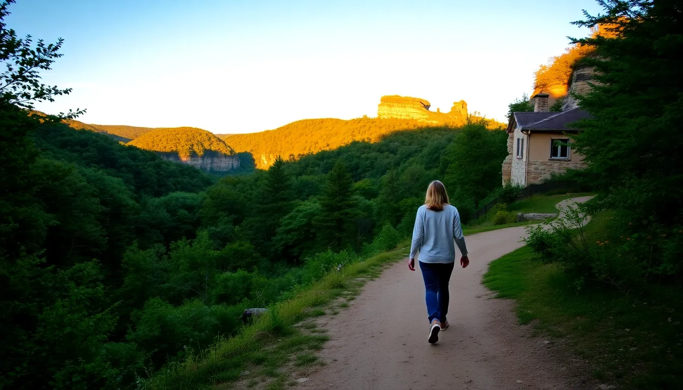 Couple walking on a trail in Hocking Hills State Park at sunset.