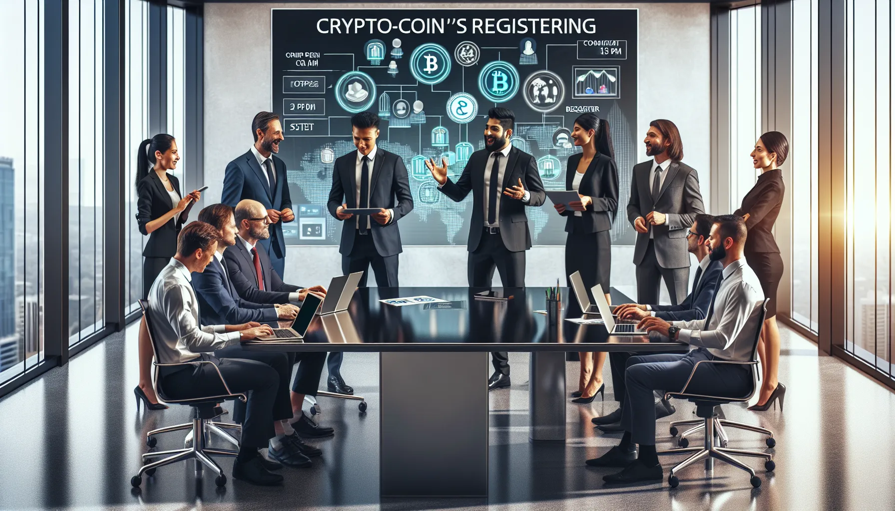 professionals discussing cryptocurrency trading in a modern office.