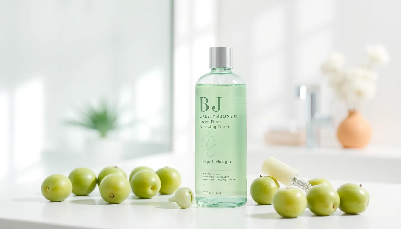green plum toner on a modern bathroom countertop.