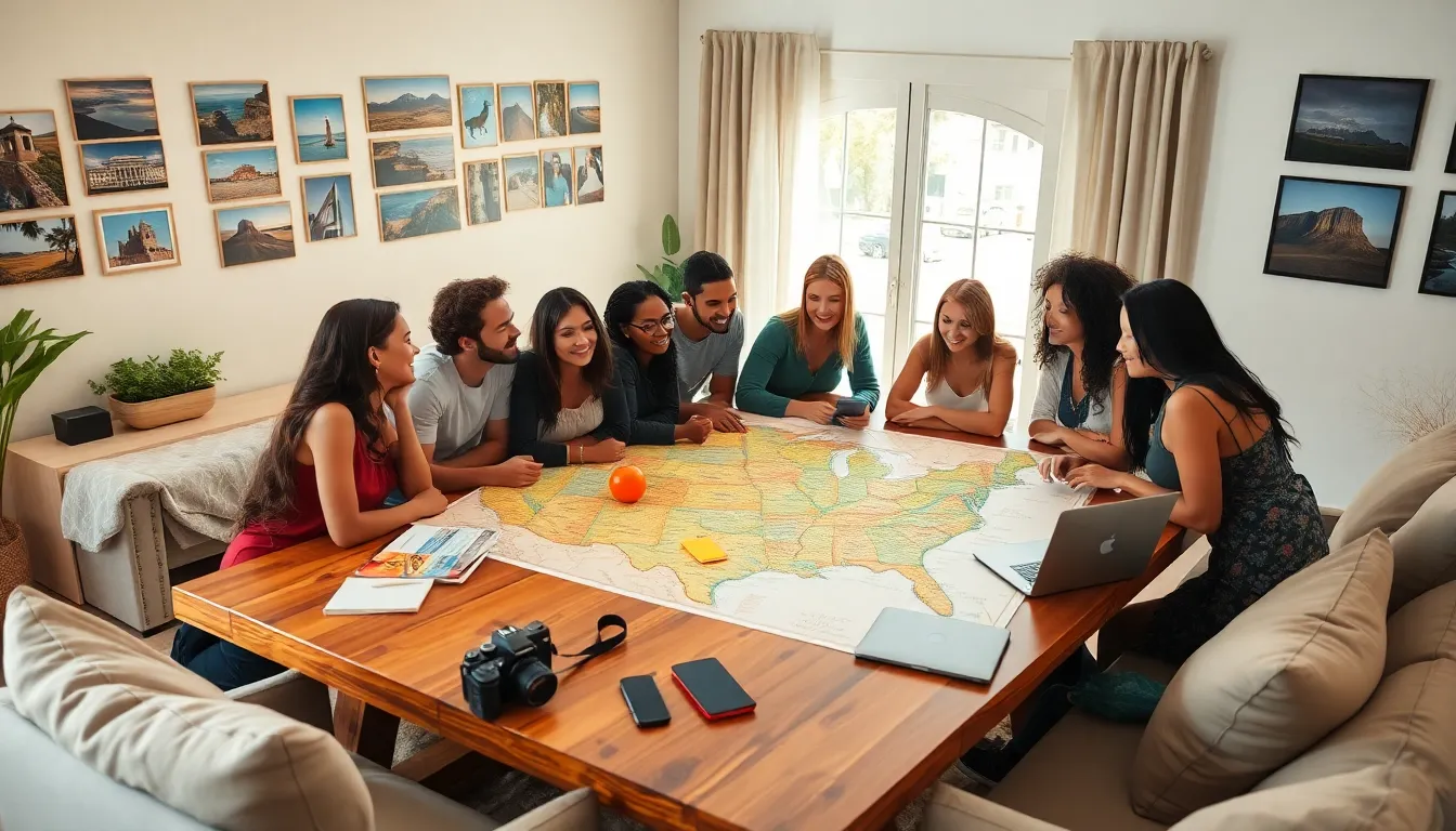 friends planning travel adventures from a bucket list in a cozy setting.