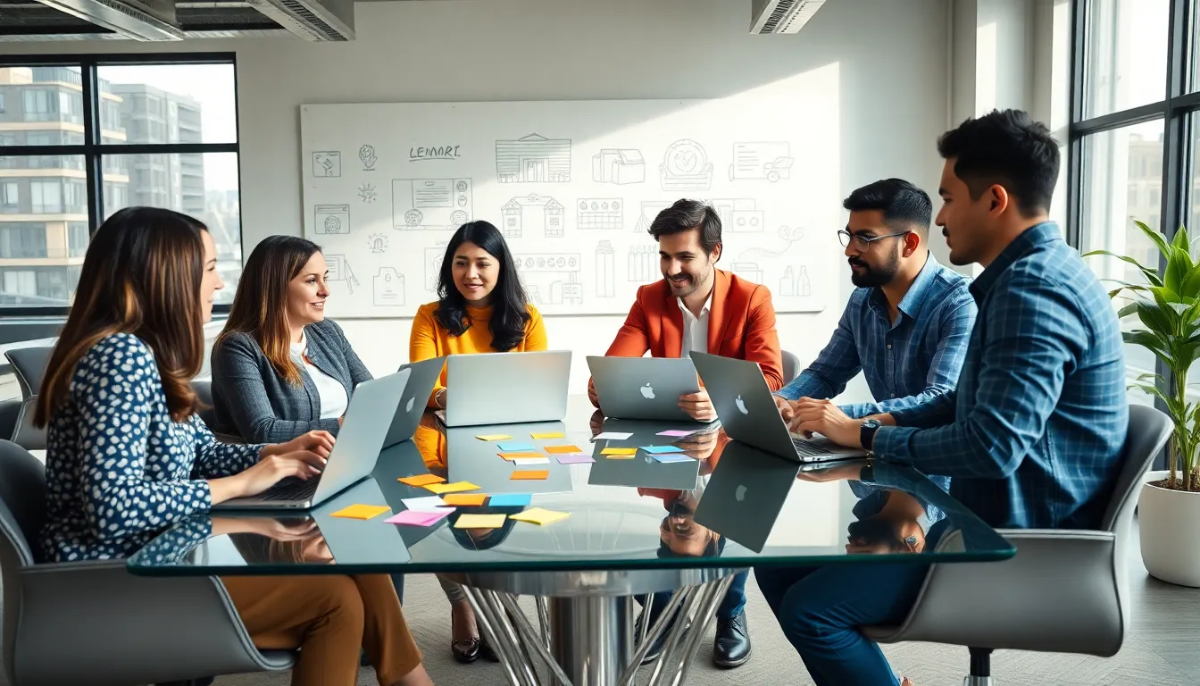 diverse team brainstorming event ideas in a modern workspace.