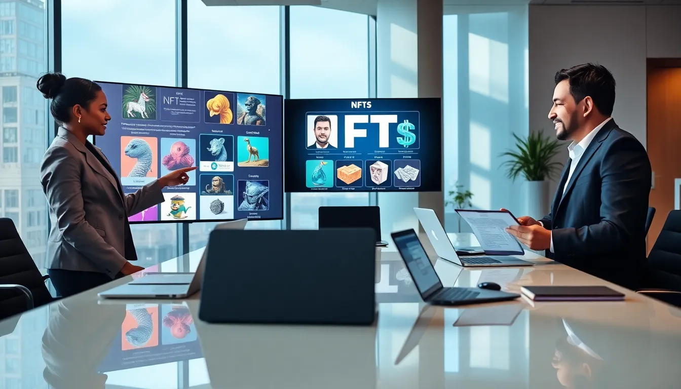 professionals discussing NFTs in a modern office setting.