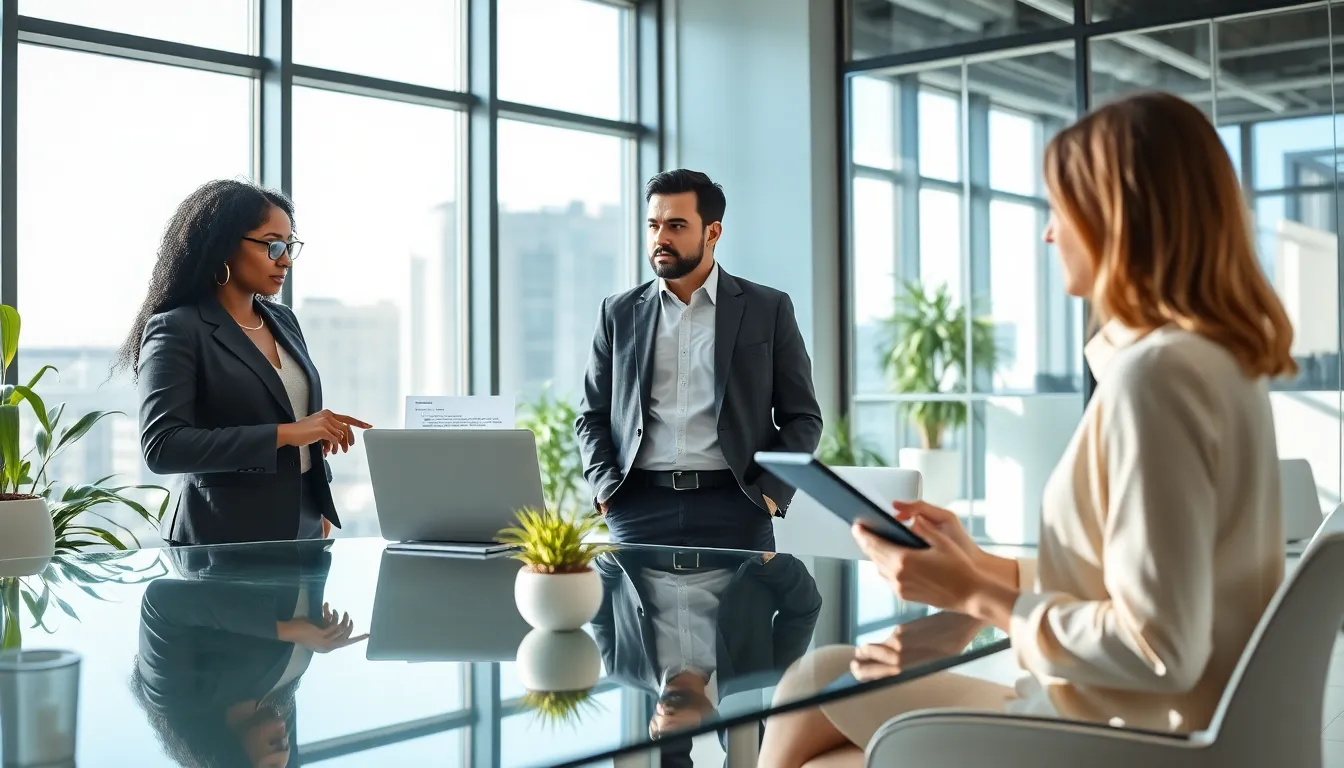 professionals discussing email etiquette in a modern office.