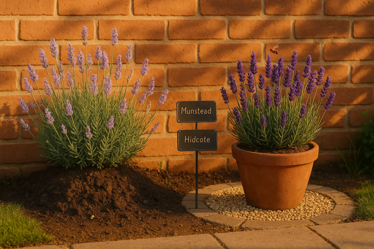 Two lavender plants—spreading Munstead and compact Hidcote—by a brick wall.