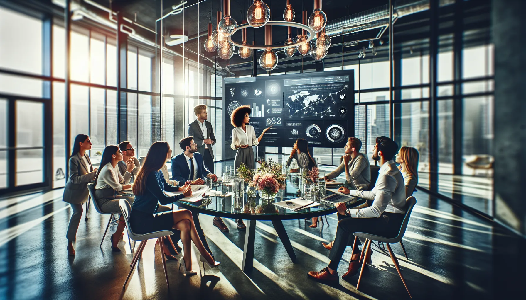 diverse professionals discussing Joyceyyuu's impact in a modern office.