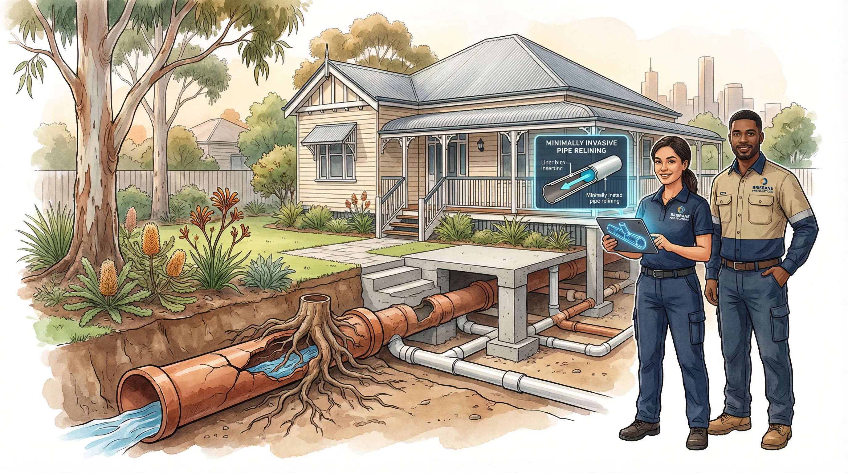 Plumbers inspecting a property with tree root-blocked underground pipes in Brisbane.