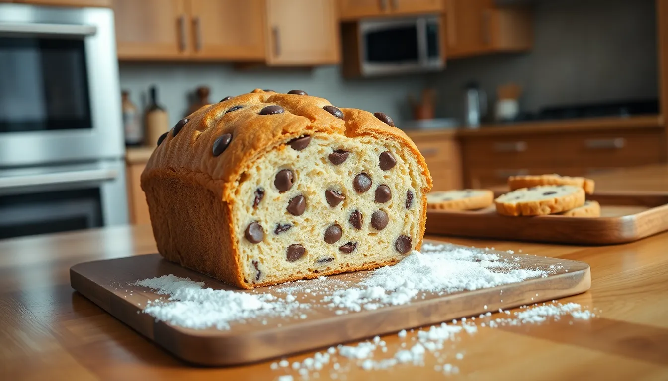 a loaf of Cookies For Love Bread on a wooden counter.