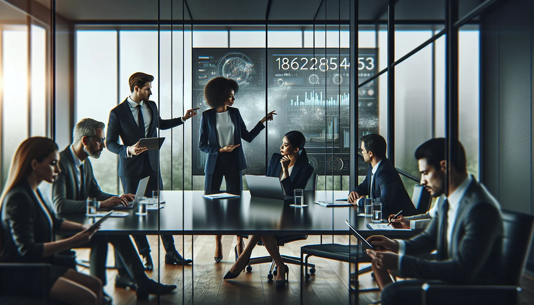 diverse team discussing the significance of a long number in a modern office.