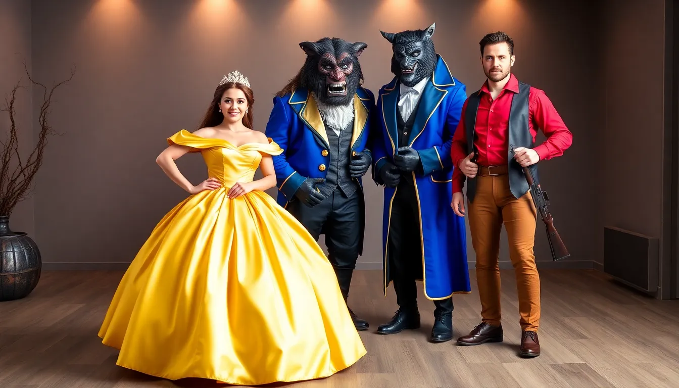 three characters in 'Beauty and the Beast' Halloween costumes.