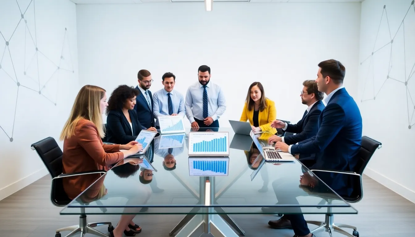 diverse professionals discussing legal technology investments in a modern office.