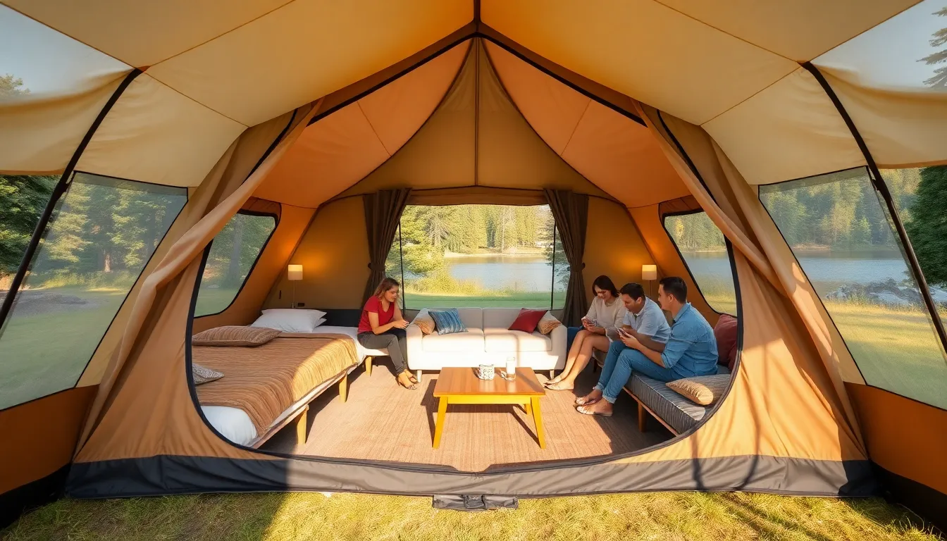 spacious family tent with separate rooms and a living area.