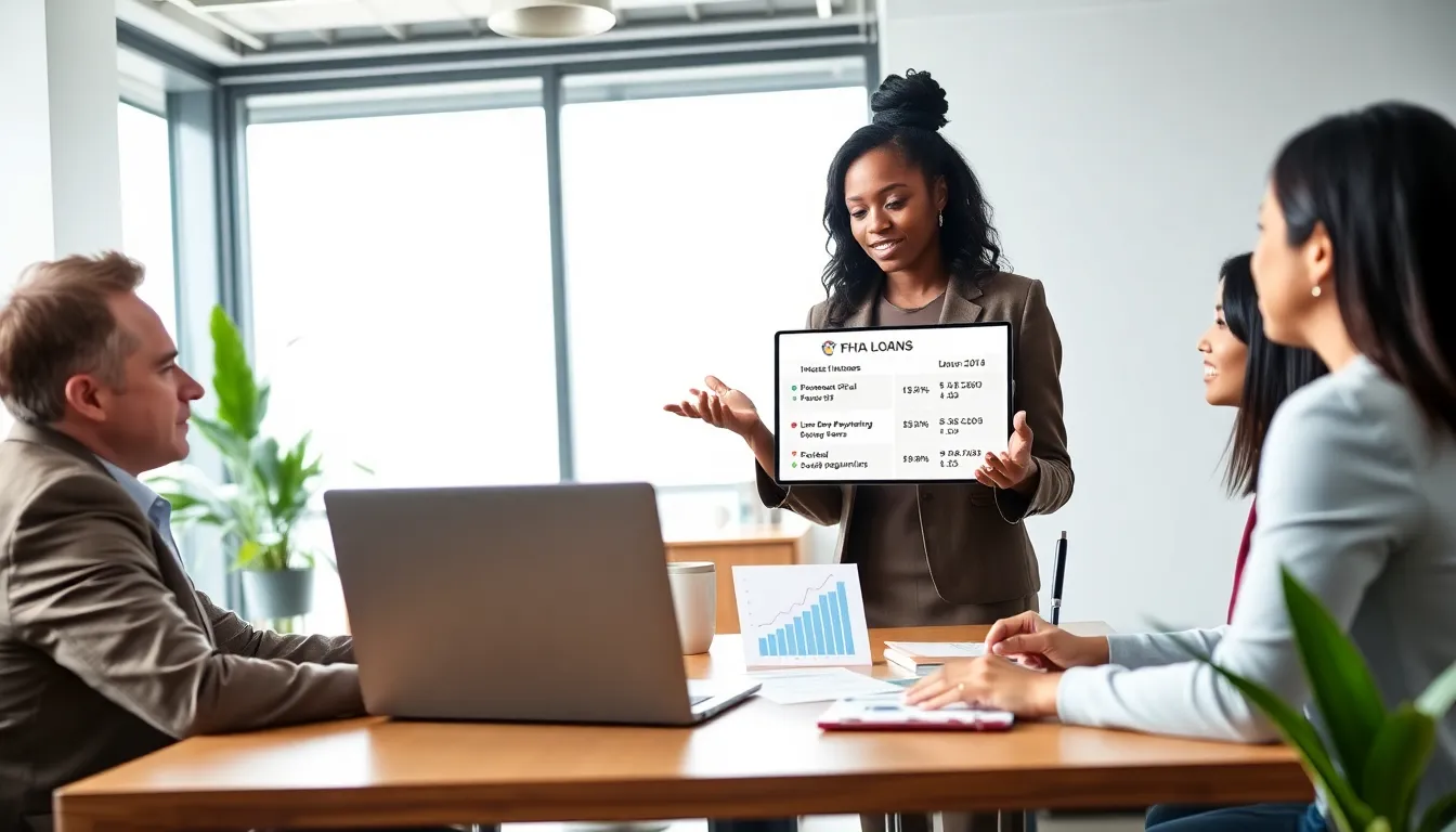 team discussing FHA loans in a modern office.
