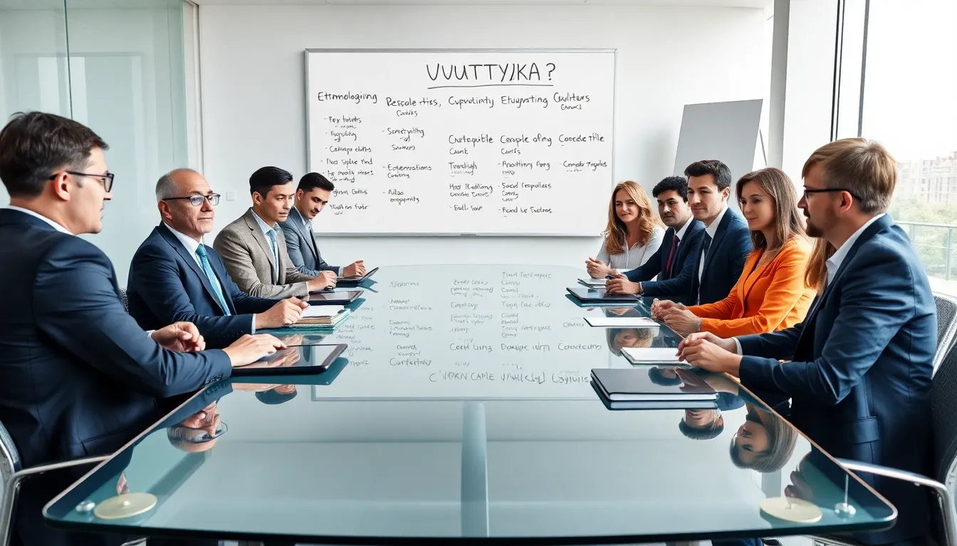 diverse professionals discussing the concept of вяутюкг in a modern conference room.