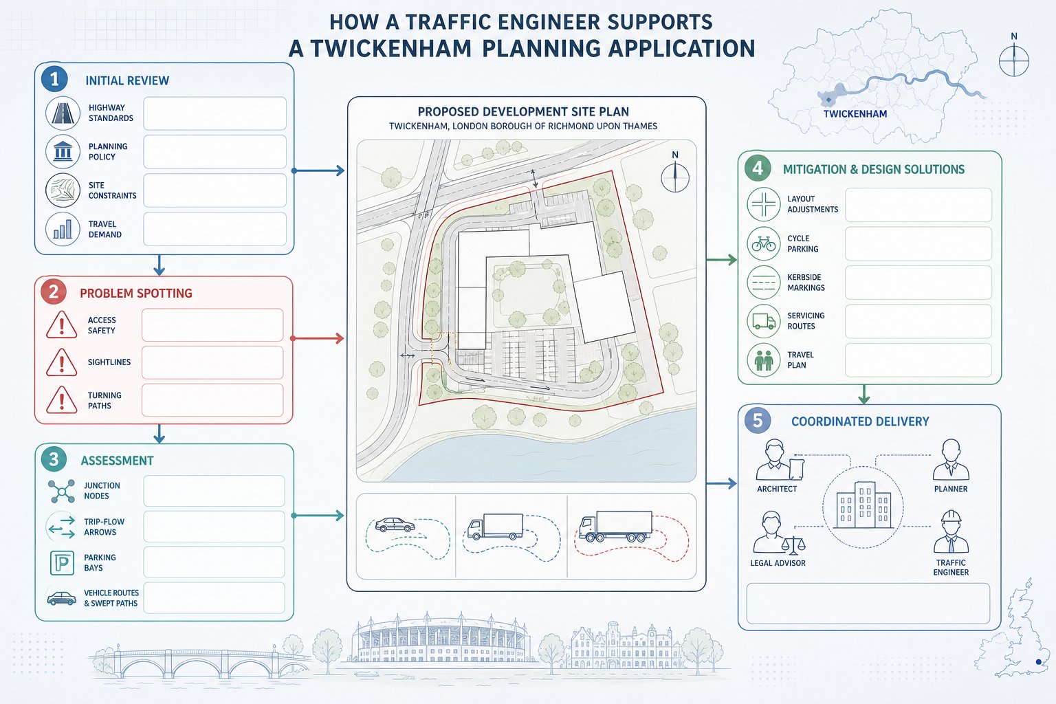 Infographic of traffic engineer tasks for a Twickenham planning application.